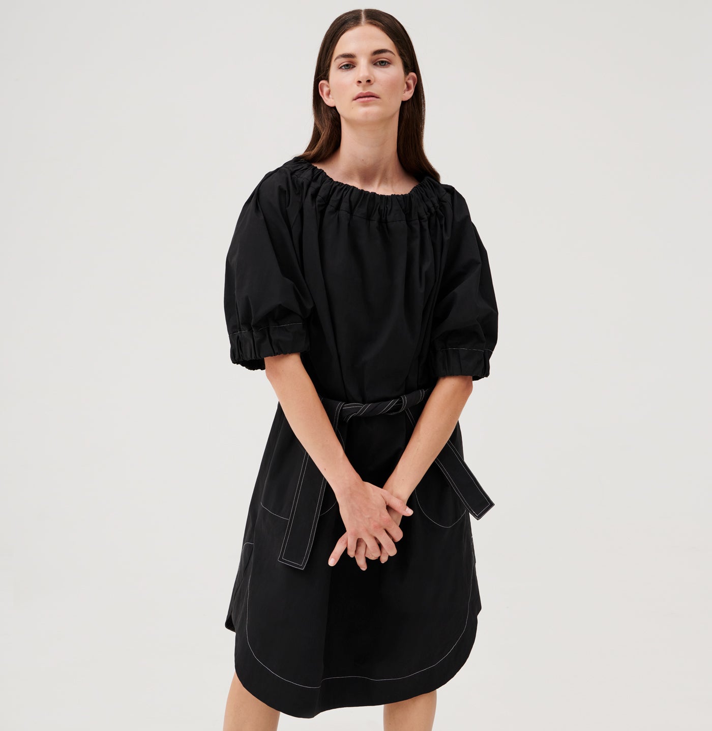 Cuspi Panorama Elasticated Dress in Black. Shop local and explore the latest collection of trans-seasonal styles designed and made in Melbourne, Australia. Cuspi: born with the desire to create considered high quality timeless pieces for everyday l