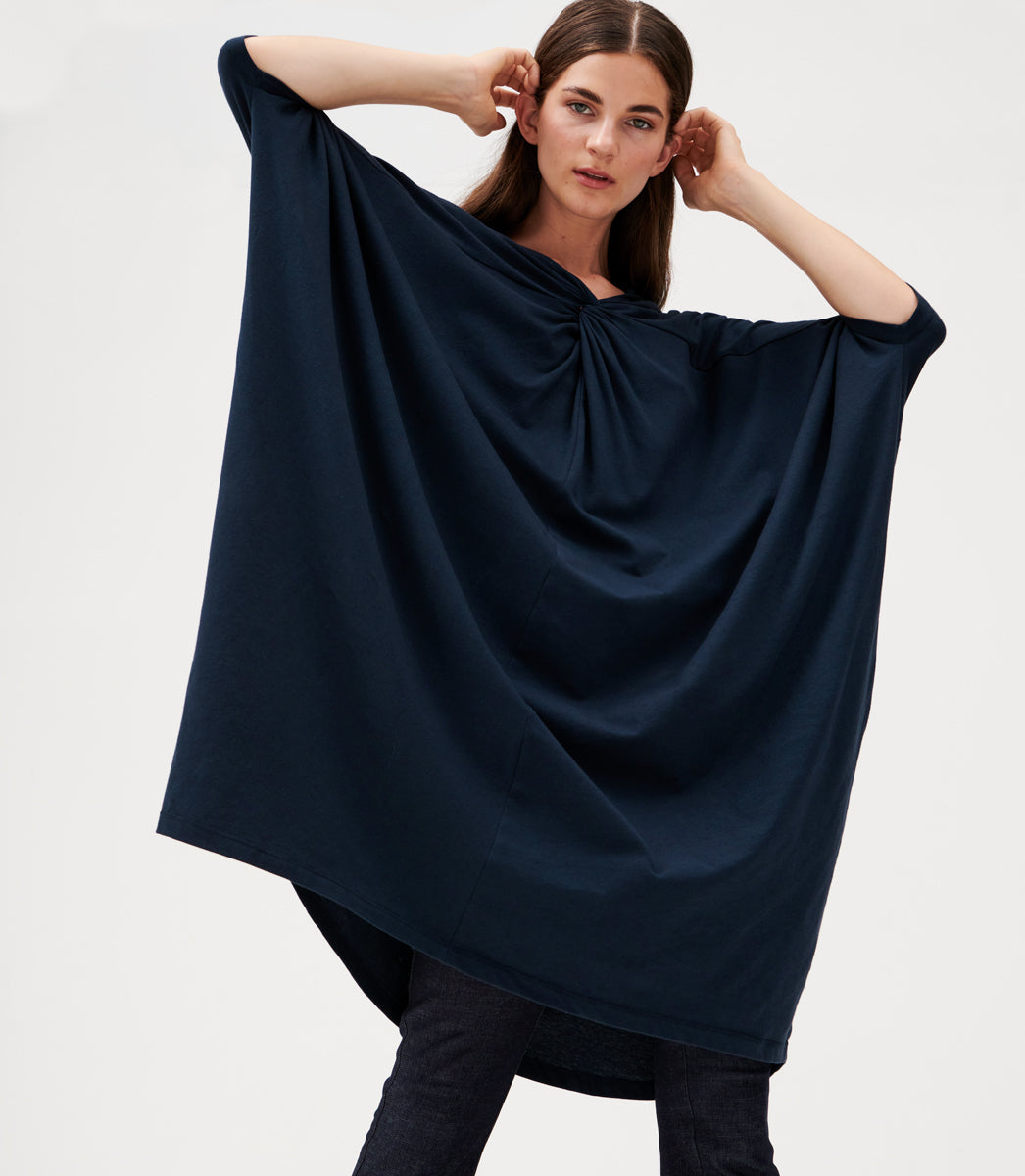 Cuspi External Twist Dress in Ink and Freedom Kick Flare in Dark Denim. Top features front twisting detail and a effortless box cut shape. Designed and made in Melbourne, Australia.