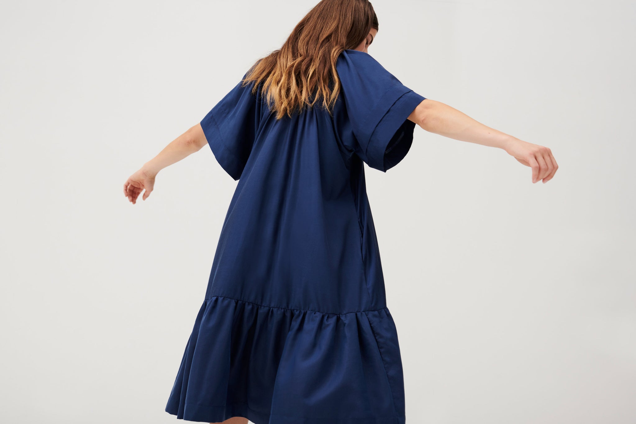 Cuspi Affinity Tuck Sleeve Dress in Blue. Shop local and explore the latest collection of trans-seasonal styles designed and made in Melbourne, Australia. Cuspi: born with the desire to create considered high quality timeless pieces for everyday life.